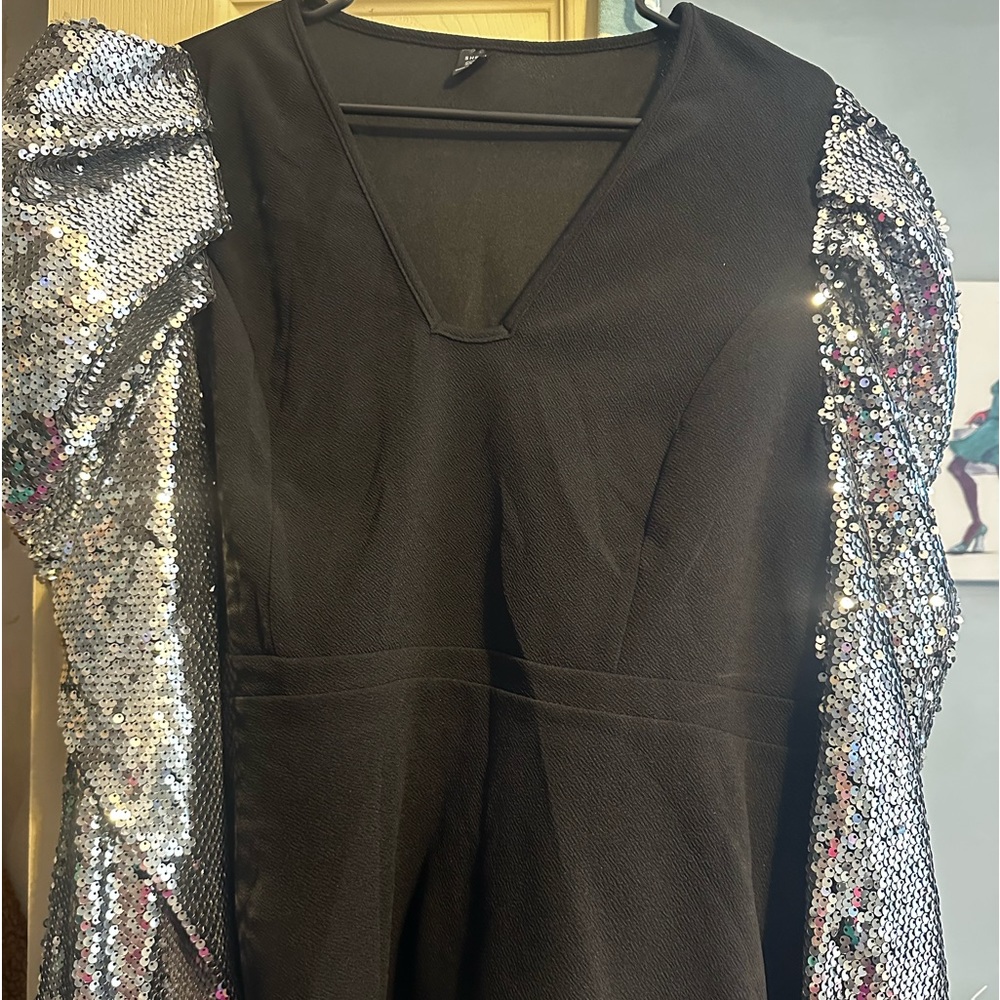 Sequin Black Peplum Top w/Silver Sequin Sleeves